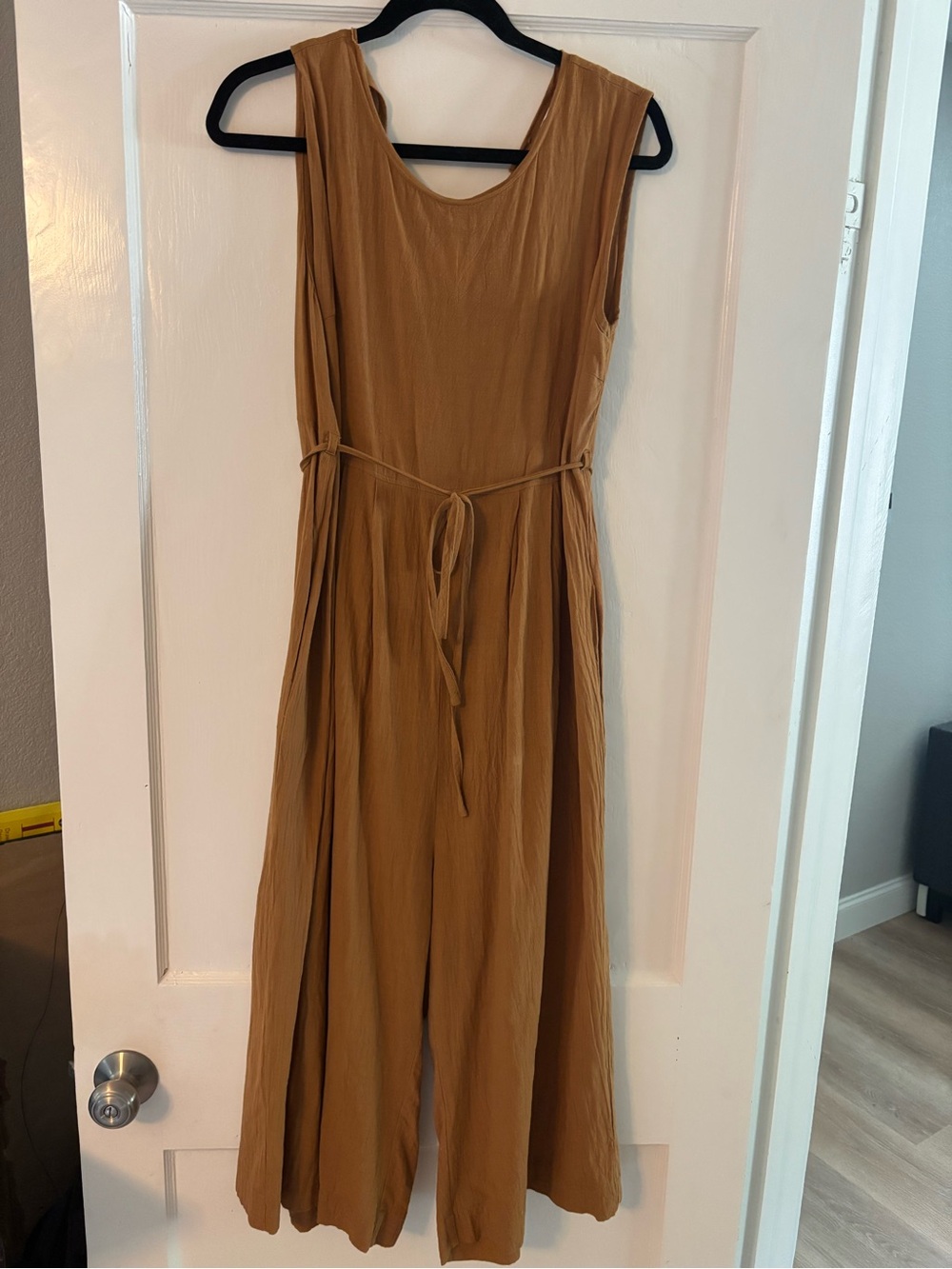 Sleeveless Belted Wide-Leg Romper in Camel